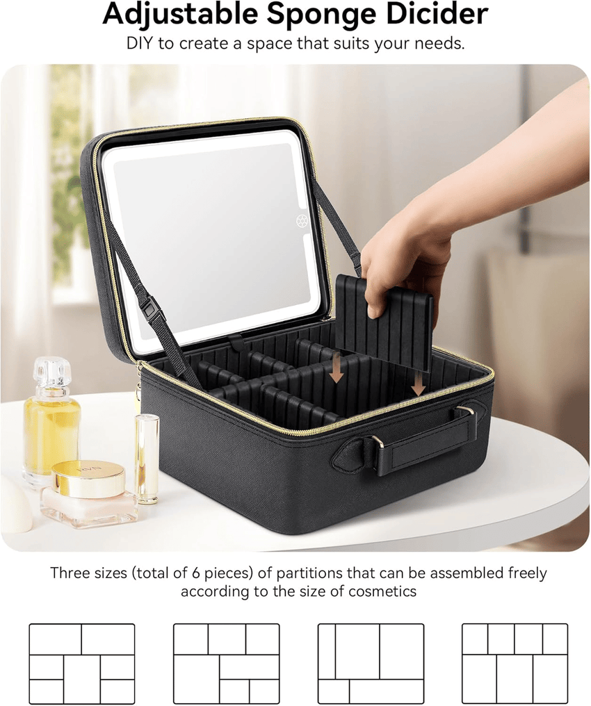 Travel Makeup Bag With LED Mirror,Train Case with Light up Mirror, Portable Makeup Artist Organizer Bag with Adjustable Dividers, Makeup Brush Holder Storage(Black, Large) - 7DAY'S