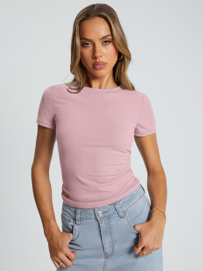 Trendy Queen Womens Basic T Shirts Summer Tops 2025 Crop Short Sleeve Slim Fit Tee Cute Gym Workout Clothes - 7DAY'S