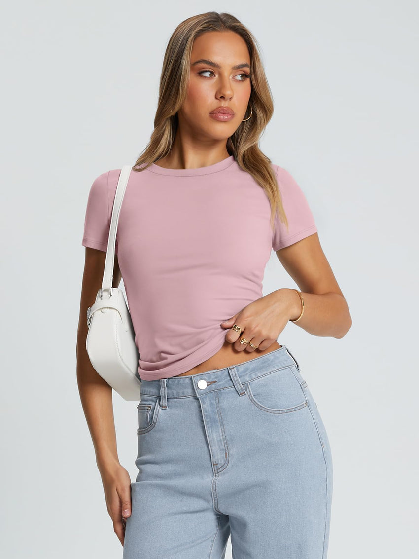 Trendy Queen Womens Basic T Shirts Summer Tops 2025 Crop Short Sleeve Slim Fit Tee Cute Gym Workout Clothes - 7DAY'S