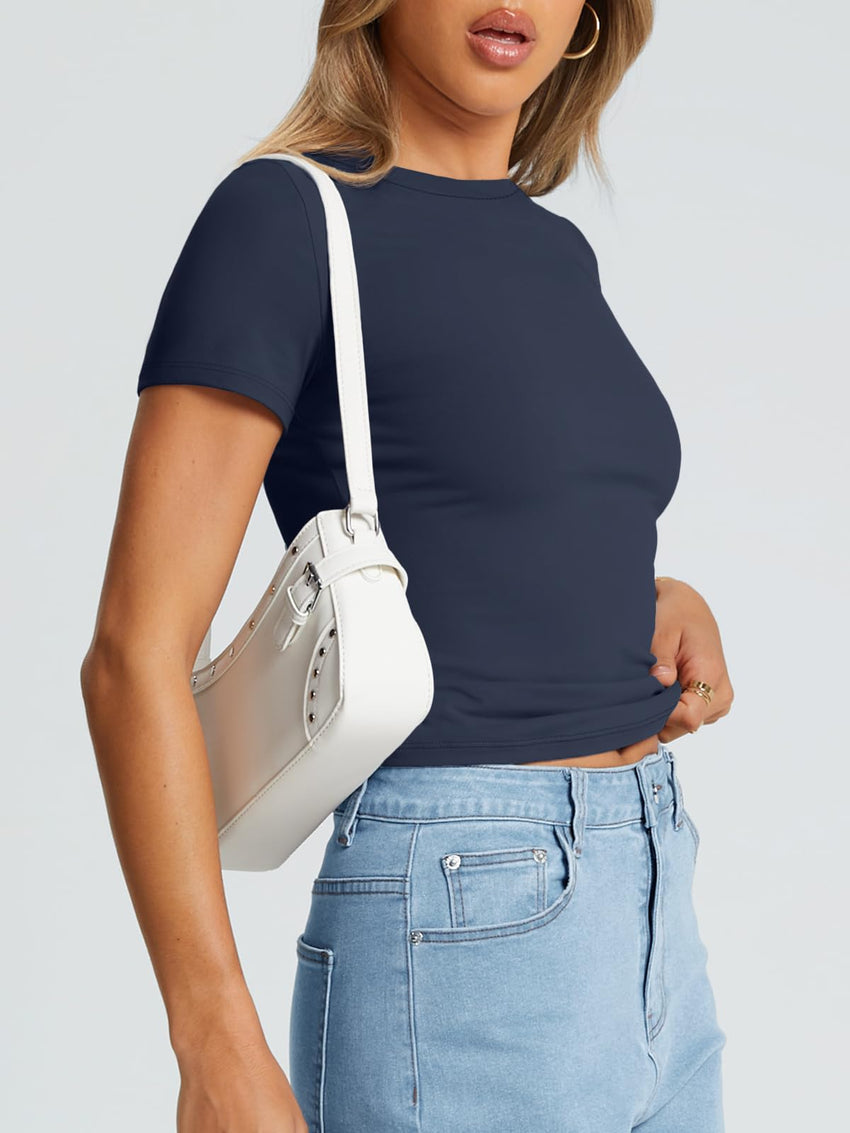 Trendy Queen Womens Basic T Shirts Summer Tops 2025 Crop Short Sleeve Slim Fit Tee Cute Gym Workout Clothes - 7DAY'S