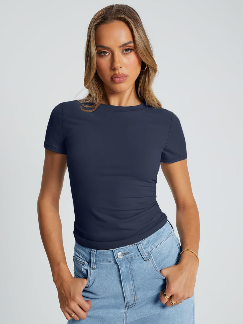 Trendy Queen Womens Basic T Shirts Summer Tops 2025 Crop Short Sleeve Slim Fit Tee Cute Gym Workout Clothes - 7DAY'S