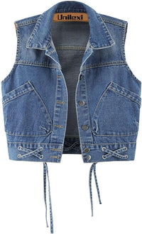 Unilexi Womens Crop Denim Vest Lapel Collar Lace Up Short Jean Gilet with Pockets - 7DAY'S