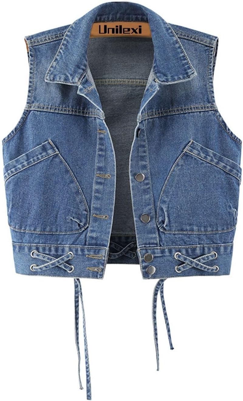 Unilexi Womens Crop Denim Vest Lapel Collar Lace Up Short Jean Gilet with Pockets - 7DAY'S