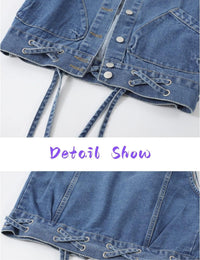 Unilexi Womens Crop Denim Vest Lapel Collar Lace Up Short Jean Gilet with Pockets - 7DAY'S