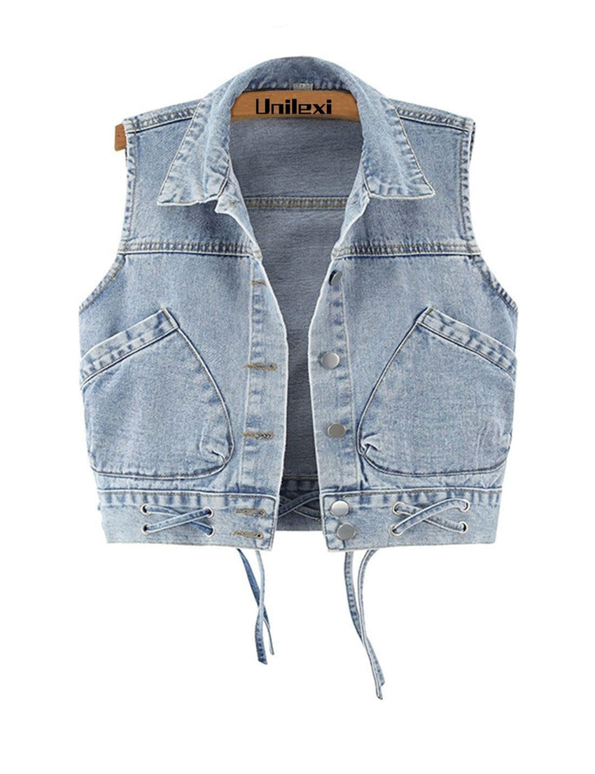 Unilexi Womens Crop Denim Vest Lapel Collar Lace Up Short Jean Gilet with Pockets - 7DAY'S