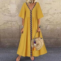 V - Neck Short Sleeve Cotton Maxi Dress - 7DAY'S