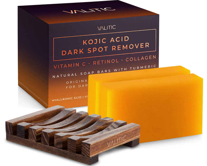 VALITIC Kojic Acid Dark Spot Remover Soap Bars with Vitamin C, Retinol, Collagen, Turmeric - Original Japanese Complex Infused with Hyaluronic Acid, Vitamin E, Shea Butter, Castile Olive Oil (2 Pack) - 7DAY'S