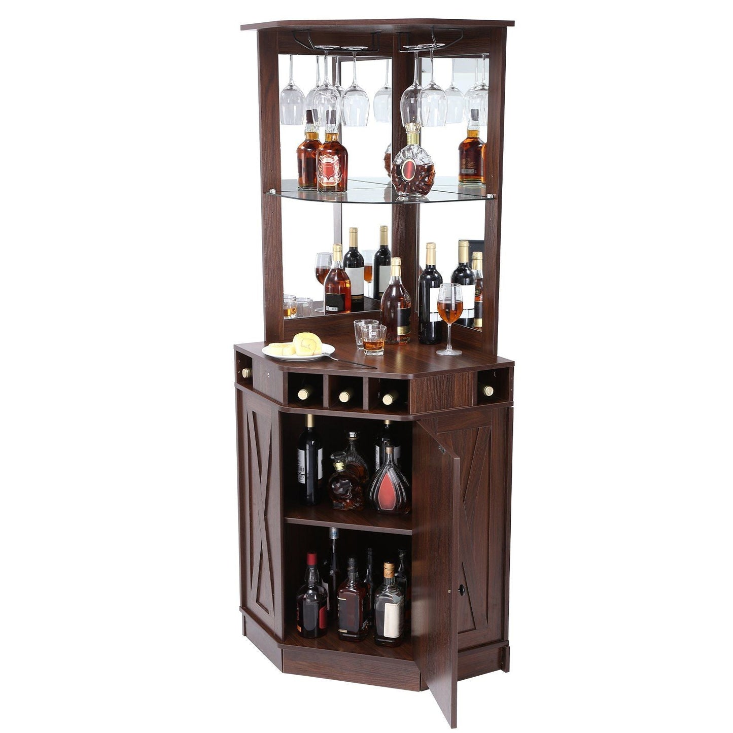 VEVOR Corner Industrial Bar Cabinet, Wine Table for Liquor & Glasses, Sideboard Buffet Cabinet with Glass Holder, Freestanding Farmhouse Wood Coffee Bar Cabinet for Living Room, Home Bar, Black Walnut - 7DAY'S