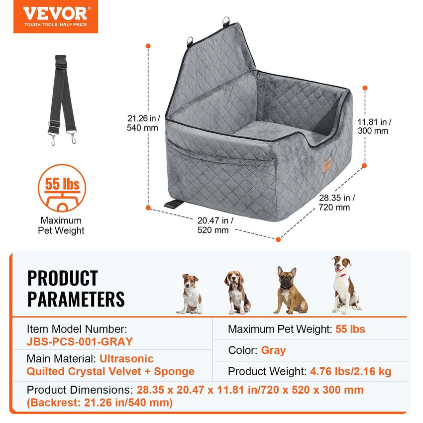 VEVOR Dog Booster Car Seat Pet Car Seat for Medium Large Dog up to 55 lbs Gray - 7DAY'S