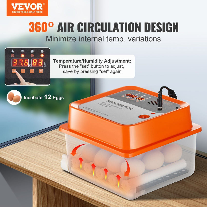 VEVOR Egg Incubator, Incubators for Hatching Eggs, Automatic Egg Turner with with Temperature and Humidity Control, 12 Eggs Poultry Hatcher with ABS Transparent Shell for Chicken, Duck, Quail - 7DAY'S