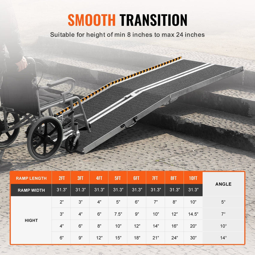 VEVOR Portable Wheelchair Ramp, 8 ft 800 lbs Capacity, Non - Slip Aluminum Folding Threshold Ramp, Foldable Mobility Scooter Ramp Wheel Chair Ramp, Handicap Ramp for Home Steps, Stairs, Doorways, Curbs - 7DAY'S