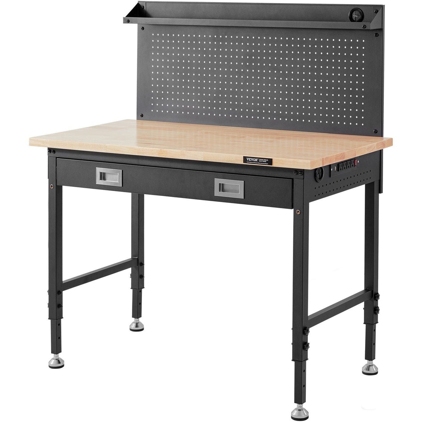 VEVOR Workbench Adjustable Height 28 - 39.5" Work Bench For Garage Oak Plank & Carbon Steel Heavy Duty Workbench 2000lbs Weight Capacity Bench top Size 48x24" Hardwood Workbench 3m Cable 30 Hooks - 7DAY'S