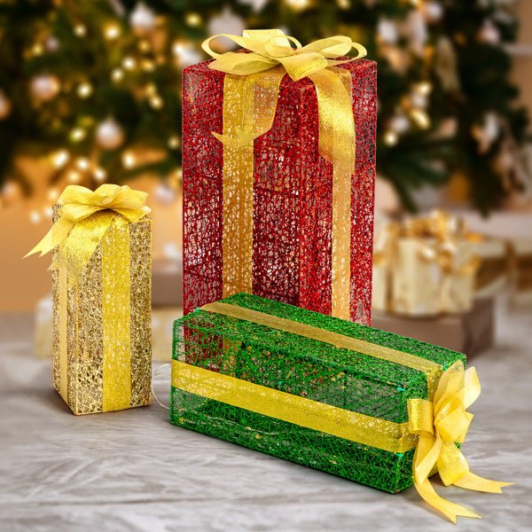 VINGLI Lighted Gift Boxes Set of 3, Pre - lit Nestable Present Boxes Ornament with 90 LED Warm White Lights and Stakes for Christmas Outdoor Indoor Decorations Lighted Holiday Displays - 7DAY'S