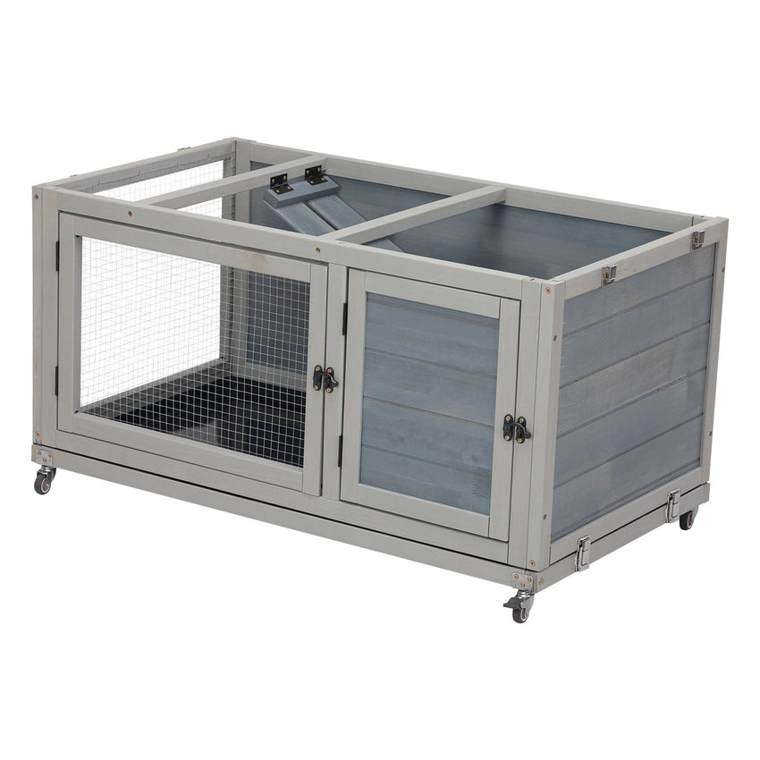 Weatherproof Rabbit House, Indoor/Outdoor Wooden Rabbit Hutch, 2 Story Bunny Cage, Pet House, Wooden Chicken Coop with Wheels, Pull Out Tray for Rabbits and Guinea Pigs, Grey - 7DAY'S