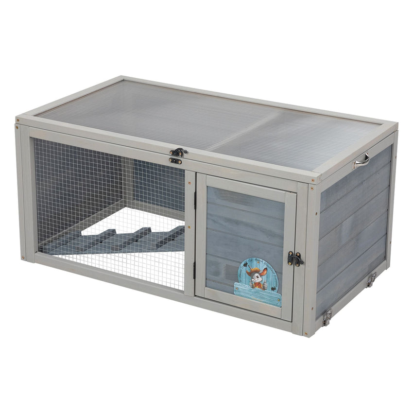 Weatherproof Rabbit House, Indoor/Outdoor Wooden Rabbit Hutch, 2 Story Bunny Cage, Pet House, Wooden Chicken Coop with Wheels, Pull Out Tray for Rabbits and Guinea Pigs, Grey - 7DAY'S