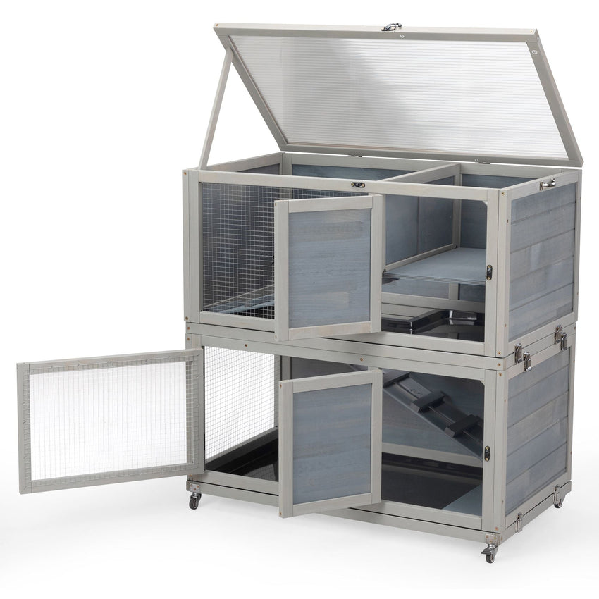 Weatherproof Rabbit House, Indoor/Outdoor Wooden Rabbit Hutch, 2 Story Bunny Cage, Pet House, Wooden Chicken Coop with Wheels, Pull Out Tray for Rabbits and Guinea Pigs, Grey - 7DAY'S