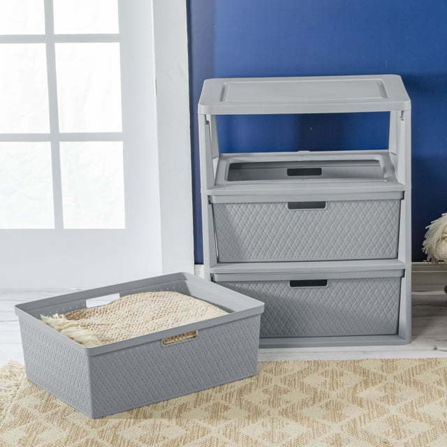 Wide 3 Drawer Cross - Weave Tower Cement - 7DAY'S