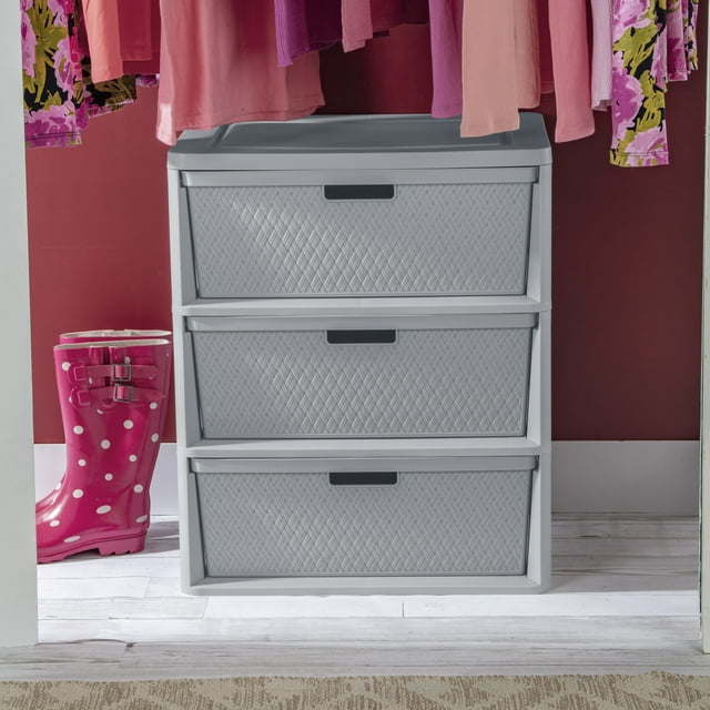 Wide 3 Drawer Cross - Weave Tower Cement - 7DAY'S