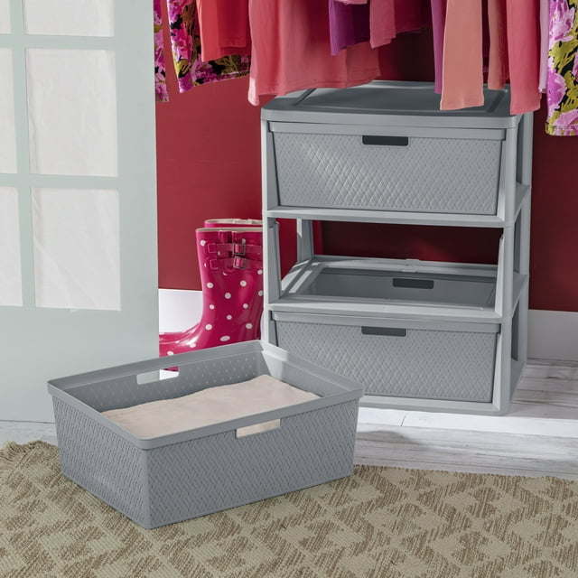 Wide 3 Drawer Cross - Weave Tower Cement - 7DAY'S