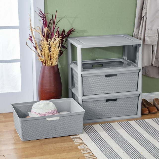 Wide 3 Drawer Cross - Weave Tower Cement - 7DAY'S