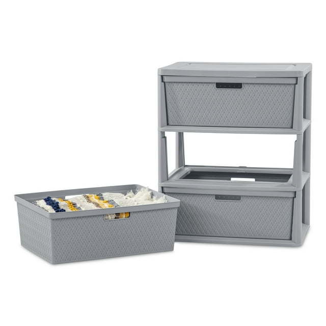 Wide 3 Drawer Cross - Weave Tower Cement - 7DAY'S