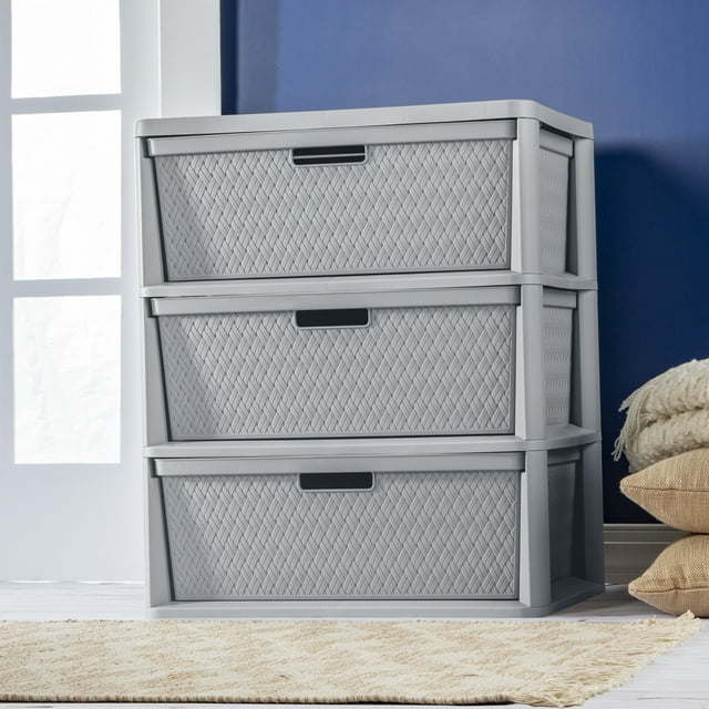 Wide 3 Drawer Cross - Weave Tower Cement - 7DAY'S