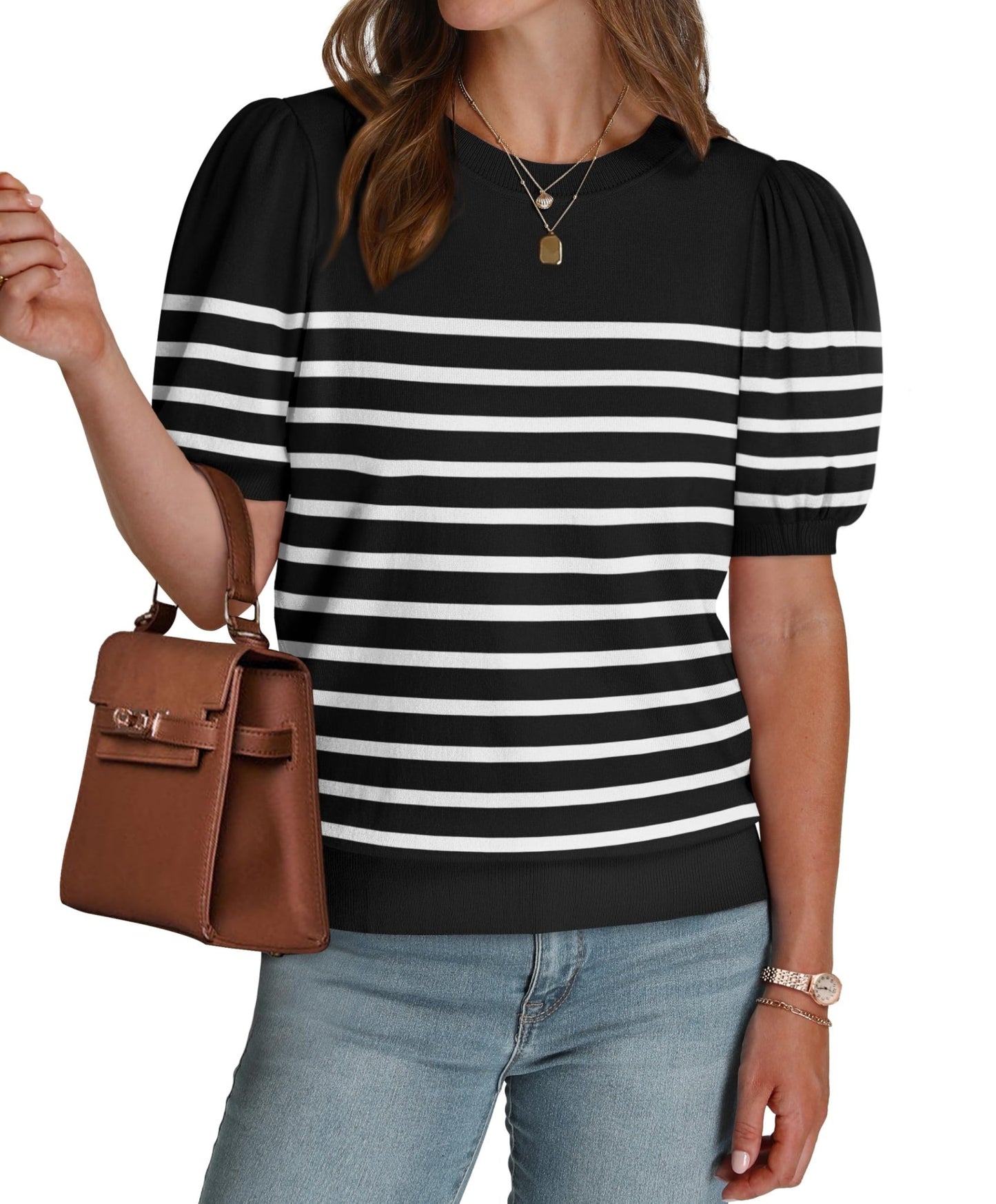 WIHOLL Women's Puff Short Sleeve Sweater 2025 Spring Summer Tops Trendy Business Casual Outfits Work Blouses Clothes - 7DAY'S