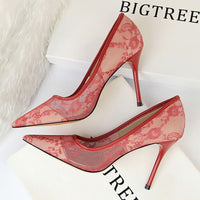 Women Pumps; Sexy heels; women's shoes; stiletto heels; pointed toe heels; mesh cutout lace trims - 7DAY'S