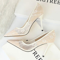 Women Pumps; Sexy heels; women's shoes; stiletto heels; pointed toe heels; mesh cutout lace trims - 7DAY'S
