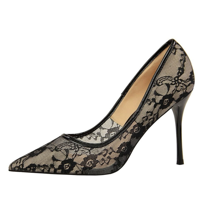 Women Pumps; Sexy heels; women's shoes; stiletto heels; pointed toe heels; mesh cutout lace trims - 7DAY'S