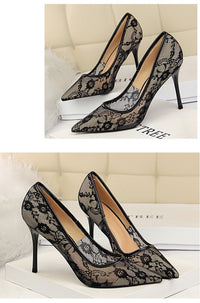 Women Pumps; Sexy heels; women's shoes; stiletto heels; pointed toe heels; mesh cutout lace trims - 7DAY'S