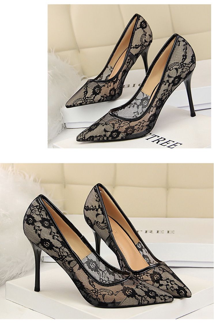 Women Pumps; Sexy heels; women's shoes; stiletto heels; pointed toe heels; mesh cutout lace trims - 7DAY'S