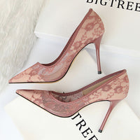 Women Pumps; Sexy heels; women's shoes; stiletto heels; pointed toe heels; mesh cutout lace trims - 7DAY'S