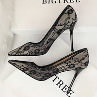 Women Pumps; Sexy heels; women's shoes; stiletto heels; pointed toe heels; mesh cutout lace trims - 7DAY'S