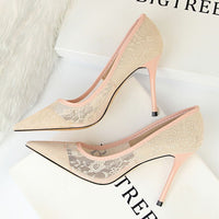 Women Pumps; Sexy heels; women's shoes; stiletto heels; pointed toe heels; mesh cutout lace trims - 7DAY'S
