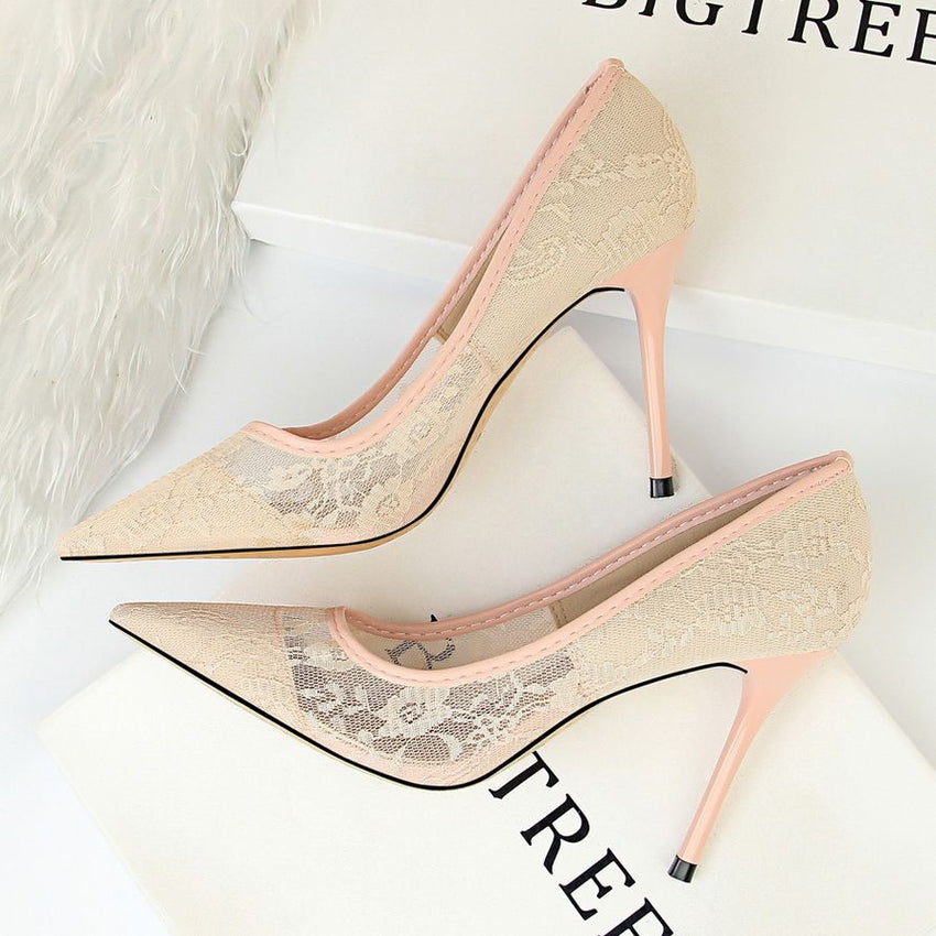 Women Pumps; Sexy heels; women's shoes; stiletto heels; pointed toe heels; mesh cutout lace trims - 7DAY'S
