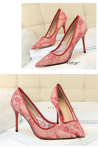 Women Pumps; Sexy heels; women's shoes; stiletto heels; pointed toe heels; mesh cutout lace trims - 7DAY'S