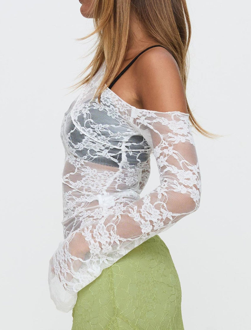 Womens Off The Shoulder Tops Lace Mesh Long Sleeve Going Out Shirts Crop Cute Y2K Fall Trendy 2025 - 7DAY'S