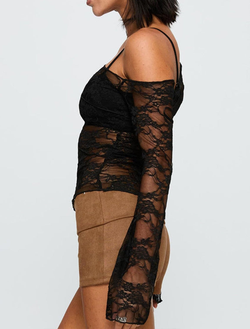 Womens Off The Shoulder Tops Lace Mesh Long Sleeve Going Out Shirts Crop Cute Y2K Fall Trendy 2025 - 7DAY'S