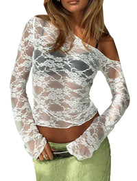 Womens Off The Shoulder Tops Lace Mesh Long Sleeve Going Out Shirts Crop Cute Y2K Fall Trendy 2025 - 7DAY'S