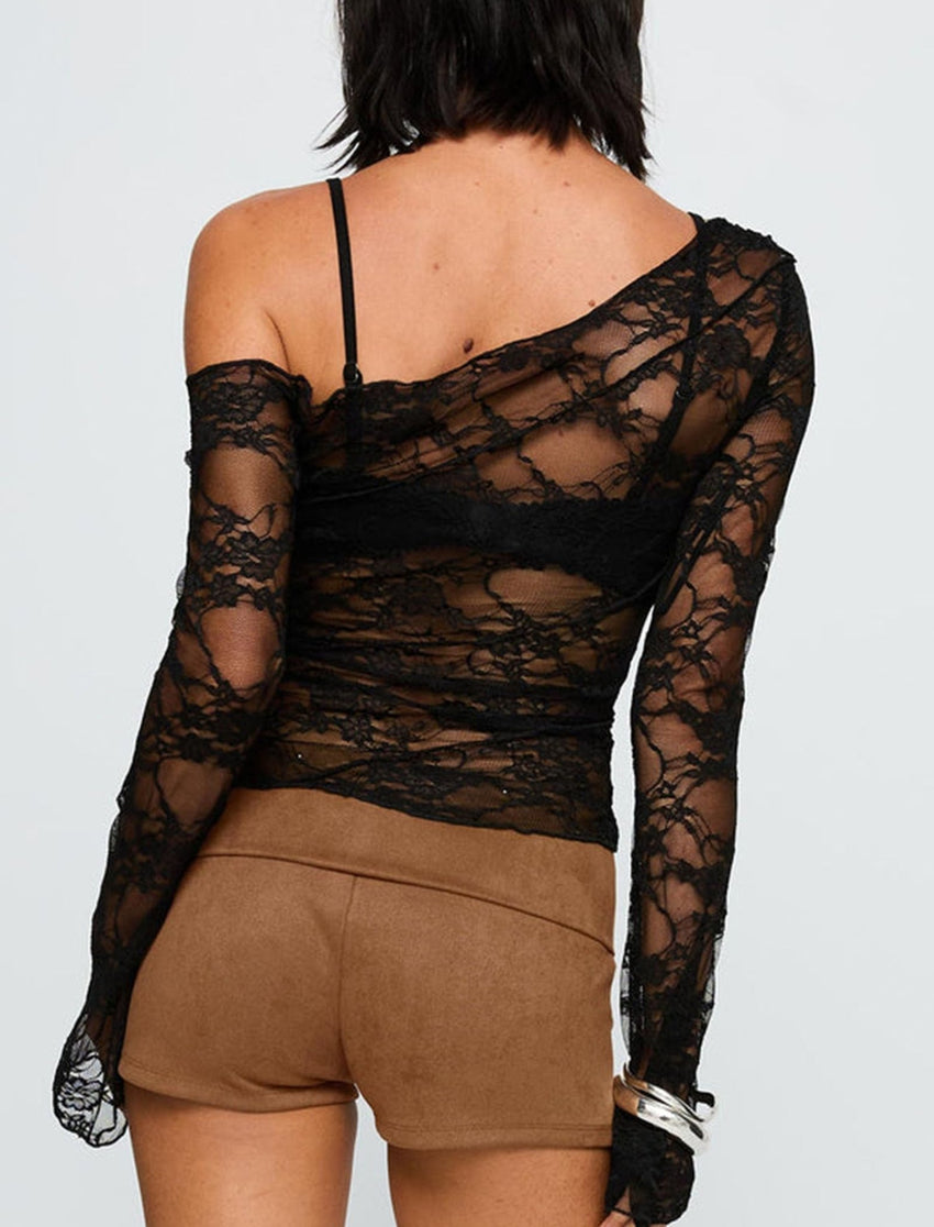 Womens Off The Shoulder Tops Lace Mesh Long Sleeve Going Out Shirts Crop Cute Y2K Fall Trendy 2025 - 7DAY'S