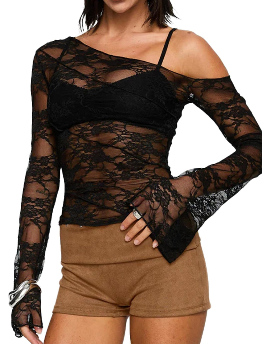 Womens Off The Shoulder Tops Lace Mesh Long Sleeve Going Out Shirts Crop Cute Y2K Fall Trendy 2025 - 7DAY'S