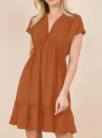 Women's Orange V Neck Ruffle Mini Dress Short Sleeve Drawstring A Line Flowy Skirt Medium Size - 7DAY'S