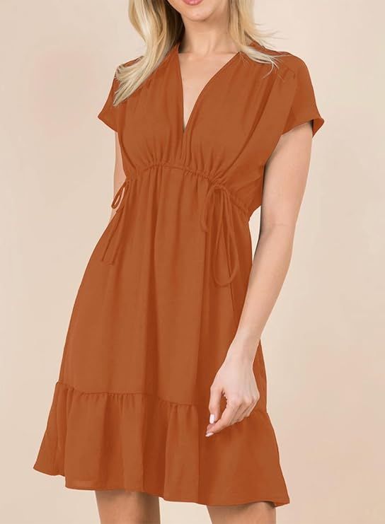 Women's Orange V Neck Ruffle Mini Dress Short Sleeve Drawstring A Line Flowy Skirt Medium Size - 7DAY'S