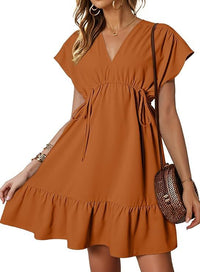 Women's Orange V Neck Ruffle Mini Dress Short Sleeve Drawstring A Line Flowy Skirt Medium Size - 7DAY'S