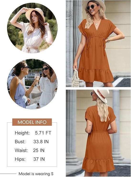 Women's Orange V Neck Ruffle Mini Dress Short Sleeve Drawstring A Line Flowy Skirt Medium Size - 7DAY'S