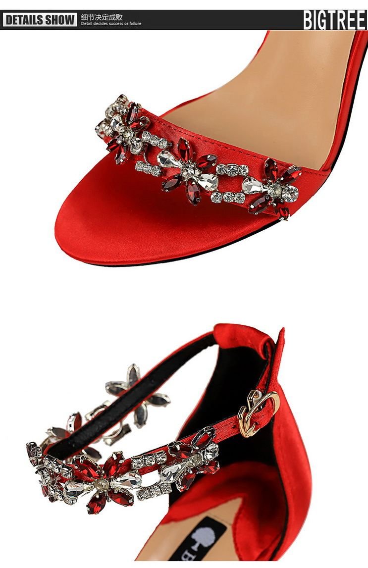 Women's Pumps; Sexy high - heeled shoes; formal women's shoes for banquet party; thin heel high - heeled shoes; satin open toe rhinestone one word sandals - 7DAY'S