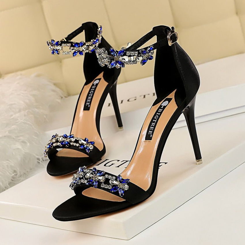 Women's Pumps; Sexy high - heeled shoes; formal women's shoes for banquet party; thin heel high - heeled shoes; satin open toe rhinestone one word sandals - 7DAY'S