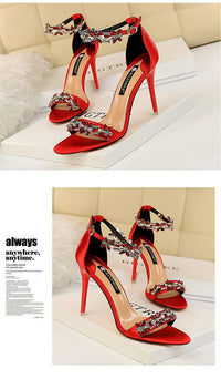 Women's Pumps; Sexy high - heeled shoes; formal women's shoes for banquet party; thin heel high - heeled shoes; satin open toe rhinestone one word sandals - 7DAY'S