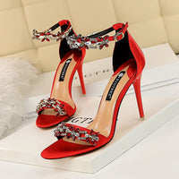 Women's Pumps; Sexy high - heeled shoes; formal women's shoes for banquet party; thin heel high - heeled shoes; satin open toe rhinestone one word sandals - 7DAY'S